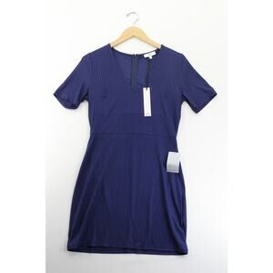 NWT NSR blue ribbed short sleeve‎ v neck dress womens large minimalist career